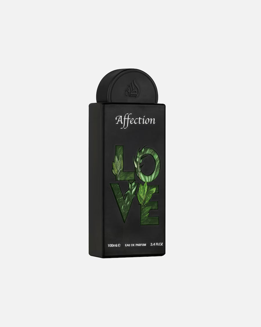 Perfume bottle labeled 'Affection' with 'LOVE' design on a white background